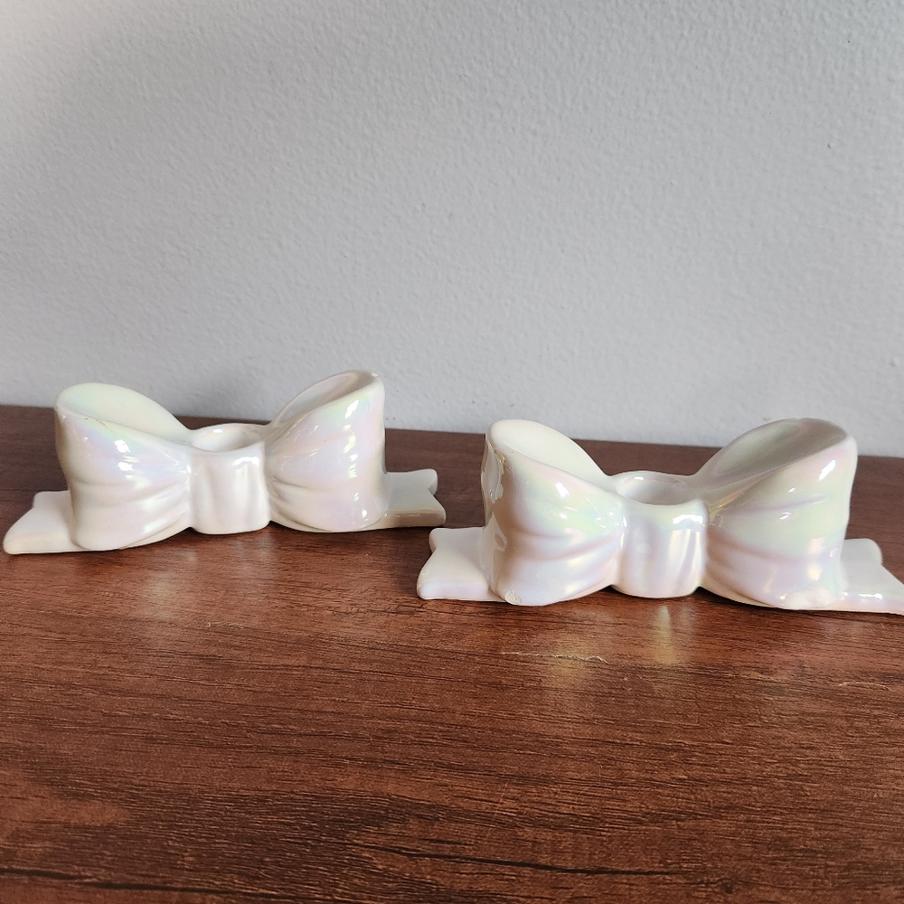 White Iridescent Ceramic Bows Candle Taper Holders Home Decor 2 ct